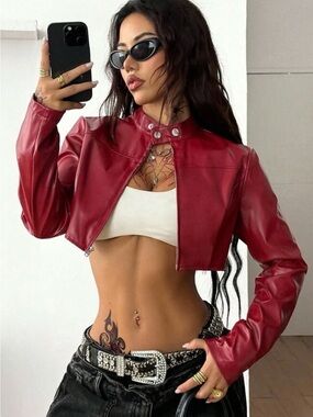 Cropped Red Faux Leather Moto Jacket - Women